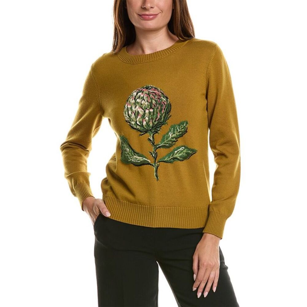 Oscar De La Renta Womens Artichoke Embroidered Jacquard Wool-Blend Sweater,